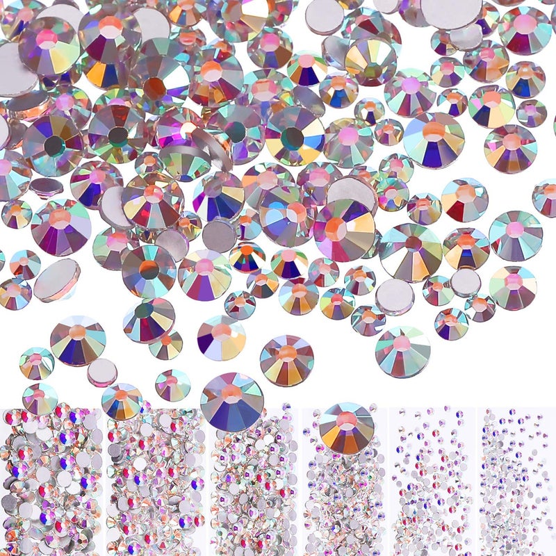 Bememo 3456 Pcs Crystals Diamond Rhinestones AB Clear Flat Back Round Gems Flatback Glass Mixed Size Crystals Gems for Crafts Clothes Shoes Makeup Bags Decor, 6 Sizes(Iridescent) - Image 1